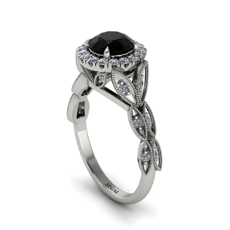 ladies engagement ring unique ethical-Black Diamond Halo Nature Inspired Leaf Engagement Ring - Alessandra No. 9