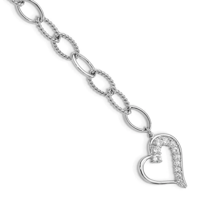 Ladies bracelets rose-cut diamond styles-Sterling Silver Rhodium Plated Journey Heart CZ Dangle Bracelet