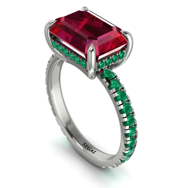 ladies engagement ring leaf upcycled-Emerald-Cut Ruby Pavé Engagement Ring - Daphne No. 27