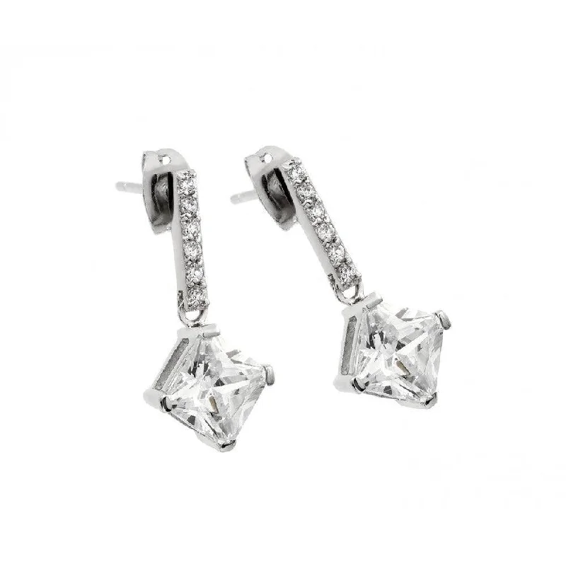 ladies earrings glossy silver-Silver 925 Rhodium Plated Square CZ Stud Earrings - BGE00426