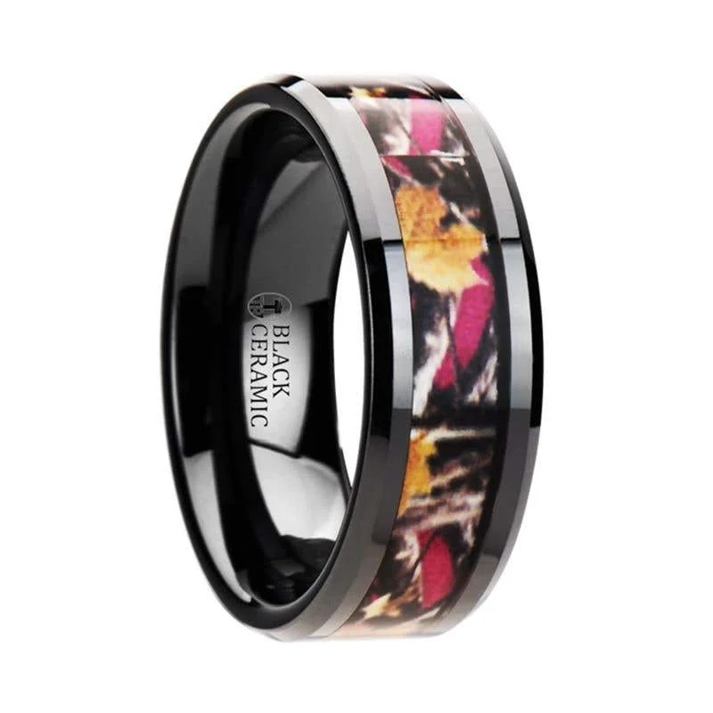 ladies ring personalized three stone-Thorsten LAUREL Realistic Tree Camo Black Ceramic Wedding Band with Real Pink Oak Leaves - 6mm - 8mm