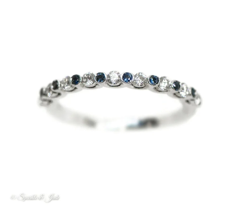 ladies ring delicate oval cut-14k White Gold Bezel Set Blue Sapphire & Diamond Anniversary Band