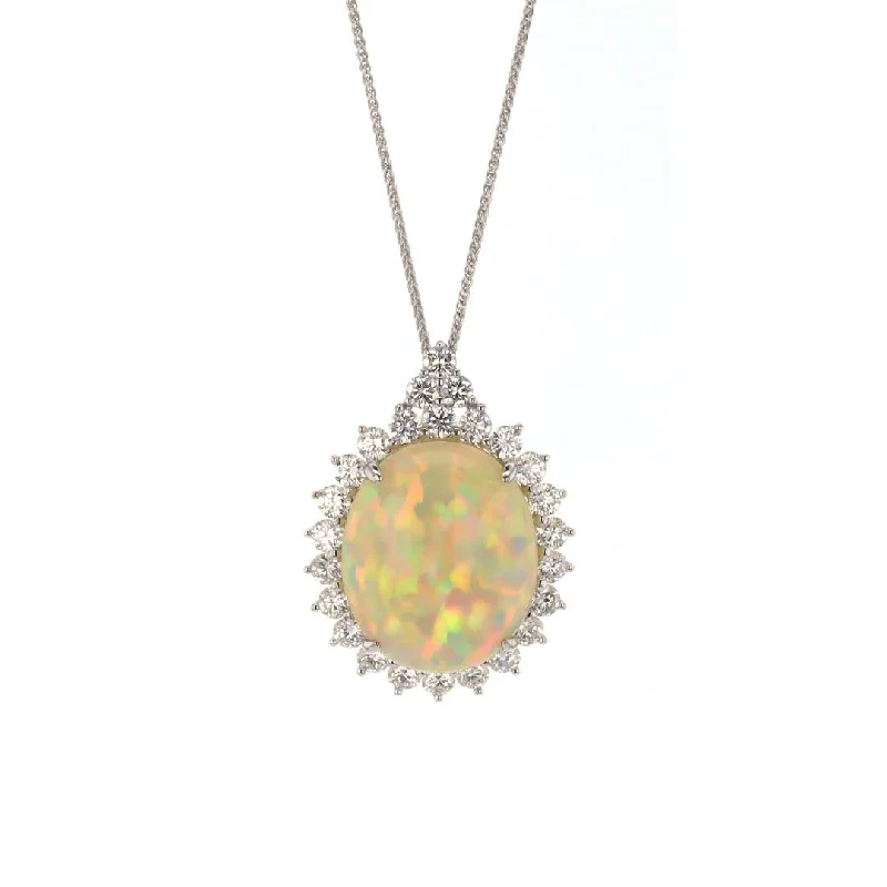 Ladies necklaces Thanksgiving gift styles-Oval Opal & Diamond Halo Pendant Necklace