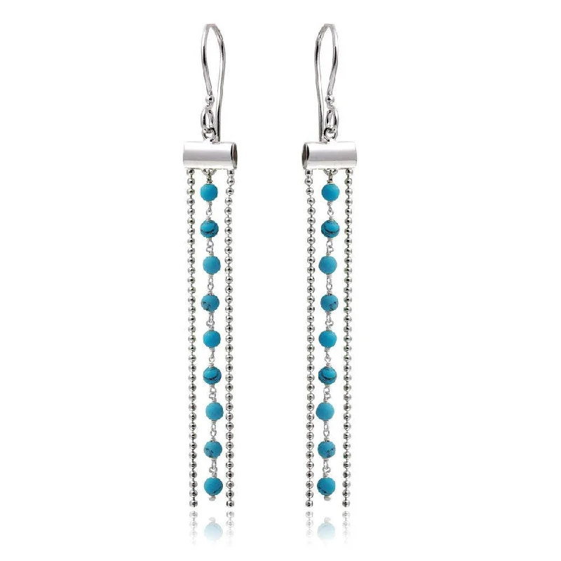 ladies earrings feather emerald-Rhodium Plated 925 Sterling Silver Dangling Tassel Earrings with Turquoise Beads - DIE00005RH-TQ