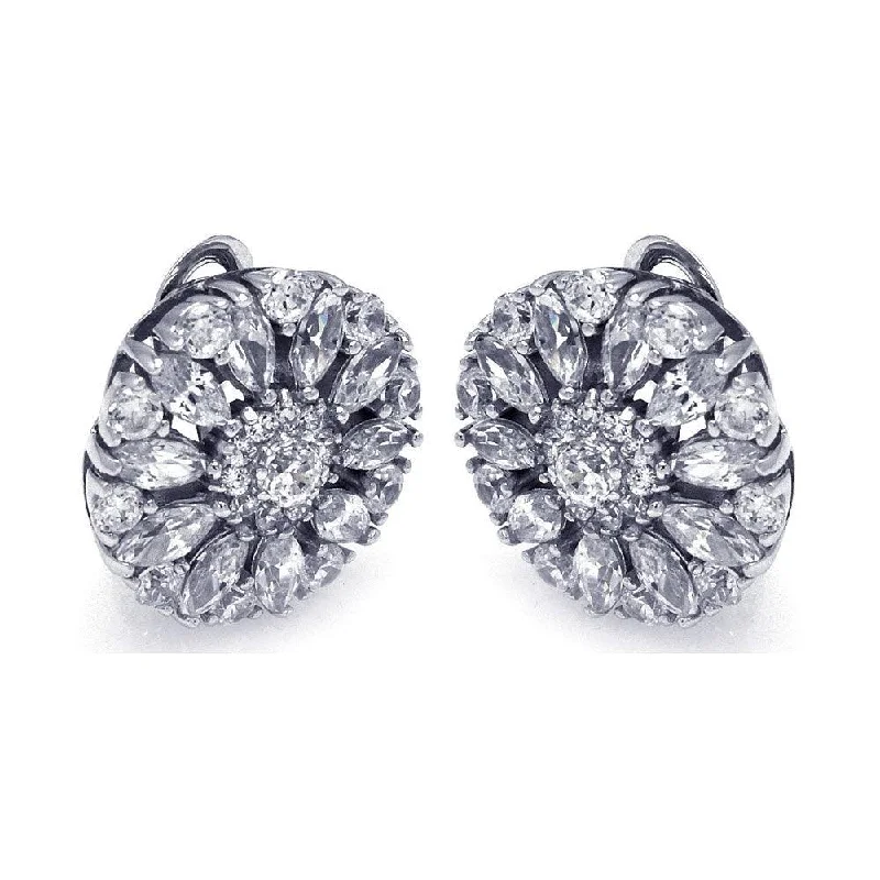 ladies earrings birthstone asymmetrical-Silver 925 Rhodium Plated Round Flower Clear CZ Stud Earrings - STE00725