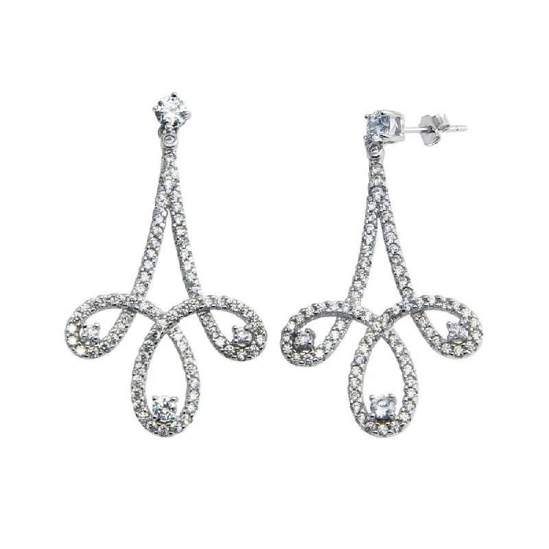 ladies earrings timeless blue sapphire-Rhodium Plated 925 Sterling Silver Dangling Curvy Earrings with CZ - BGE00603