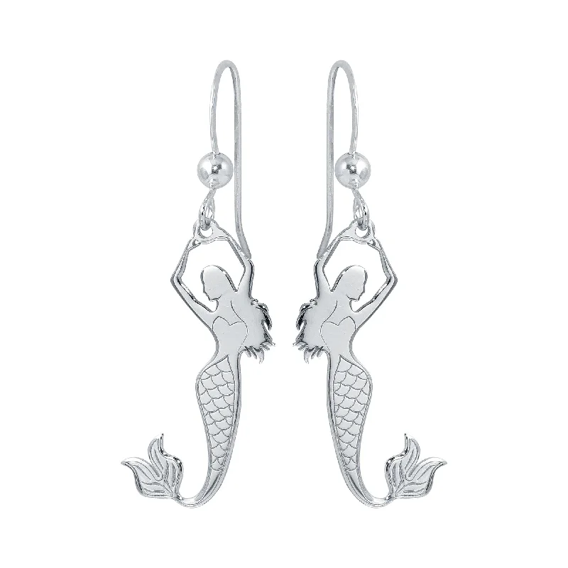 ladies earrings subtle layered-Rhodium Plated 925 Sterling Silver Dangling Mermaid Earrings - SOE00032