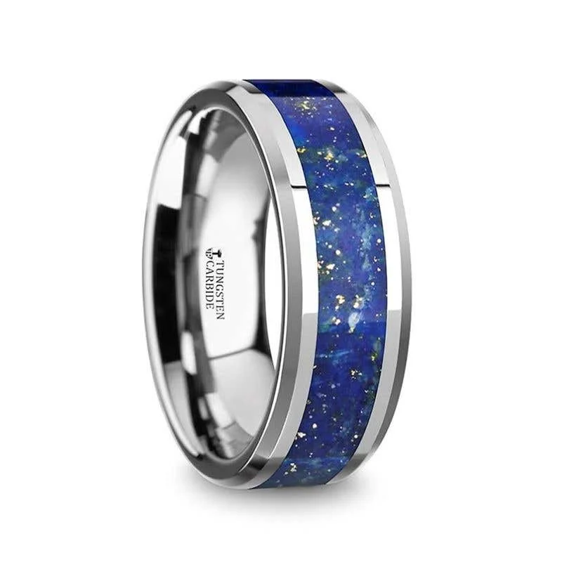 ladies ring sustainable turquoise-Thorsten OSIAS Tungsten Wedding Band with Blue Lapis Inlay & Beveled Edges - 8mm