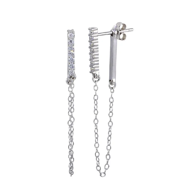 ladies earrings valentine’s blue sapphire-Rhodium Plated 925 Sterling Silver CZ Bar Dangling Chain  Earrings - STE01172RH