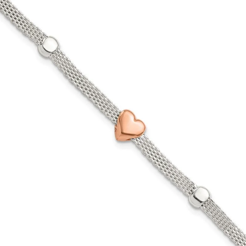 Ladies bracelets slip-on bracelet styles-Sterling Silver Polished Rose-plated Heart Bracelet