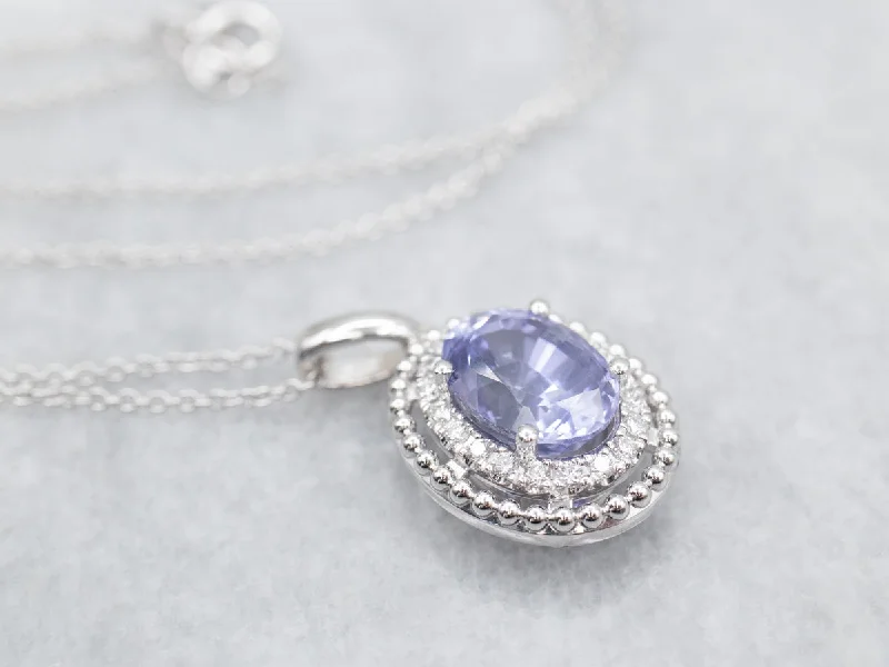 Ladies necklaces romantic era designs-Sapphire and Double Diamond Halo Pendant Necklace