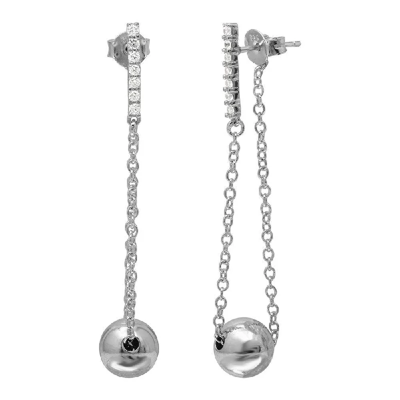 ladies earrings ornate symmetrical-Rhodium Plated 925 Sterling Silver Dangling Bead CZ Bar Earrings - BGE00509