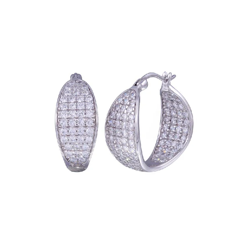 ladies earrings seasonal fringe-Silver 925 Rhodium Plated Thick Round Pave Cluster CZ Hoop Earrings - STE00508