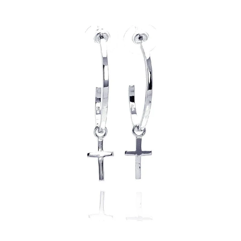 ladies earrings textured climber-Silver 925 Rhodium Plated Cross Clear CZ Hoop Earring - BGE00031