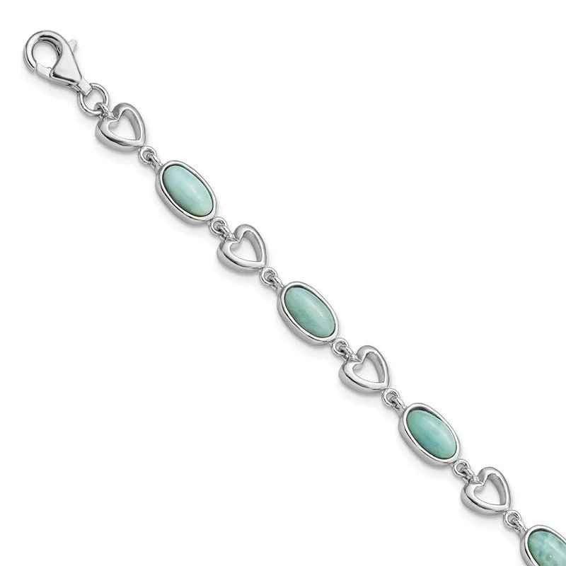 Ladies bracelets fragile beauty styles-Sterling Silver Rhodium-plated Polished Oval Larimar & Heart Bracelet