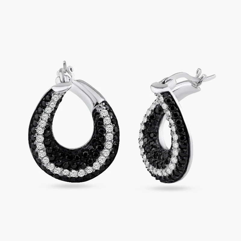 ladies earrings cyber monday square-Clearance-Silver 925 Black and Silver Rhodium Plated Teardrop CZ Hoop Earrings - STE00556