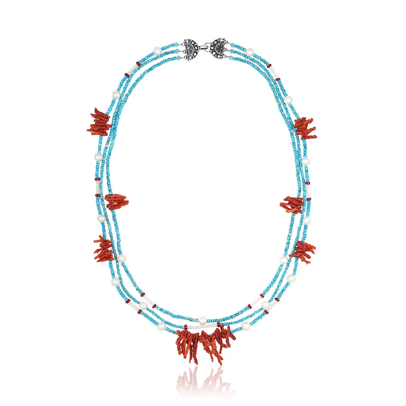 Ladies necklaces elegant timeless looks-Turquoise, Red Coral and Pearl Three Strand Necklace