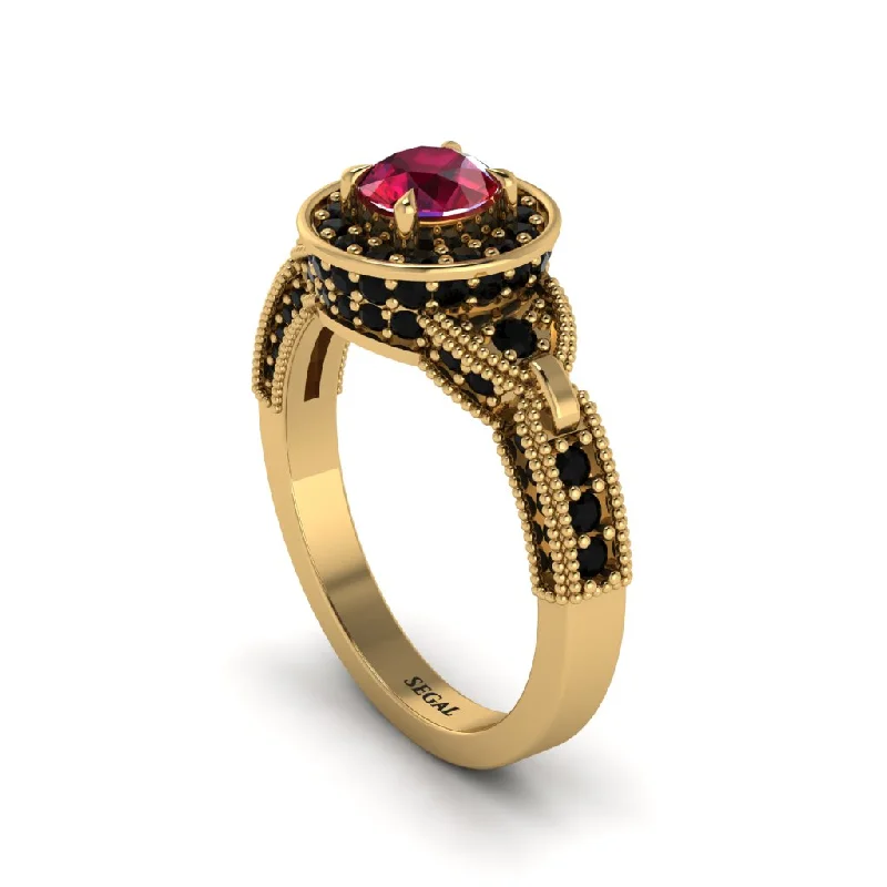 ladies engagement ring matte gold-Ruby Double Halo Handmade Engagement Ring - Gracelyn No. 40