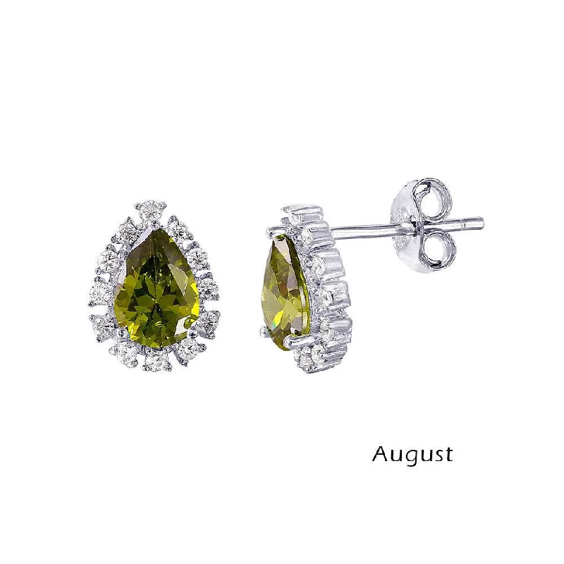 ladies earrings luxury crescent-Rhodium Plated 925 Sterling Silver Teardrop Halo CZ Birthstone Earrings August - STE01027-AUG