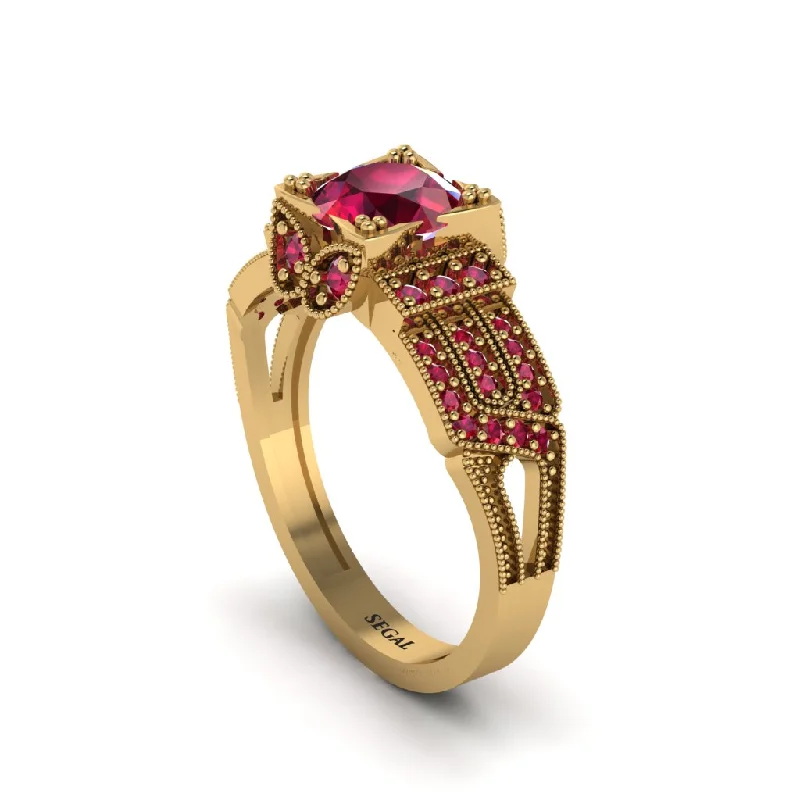 ladies engagement ring modern seasonal-Ruby Milgrain Gold Engagement Ring - Lyric No. 55