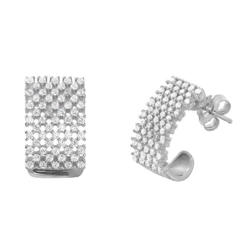 ladies earrings beach long-Silver 925 Rhodium Plated Thick Checkered CZ Semi-huggie hoops Earrings - ACE00083RH