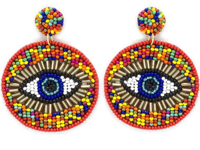 ladies earrings braided silver-Evil Eye Protection Seed Bead Earrings