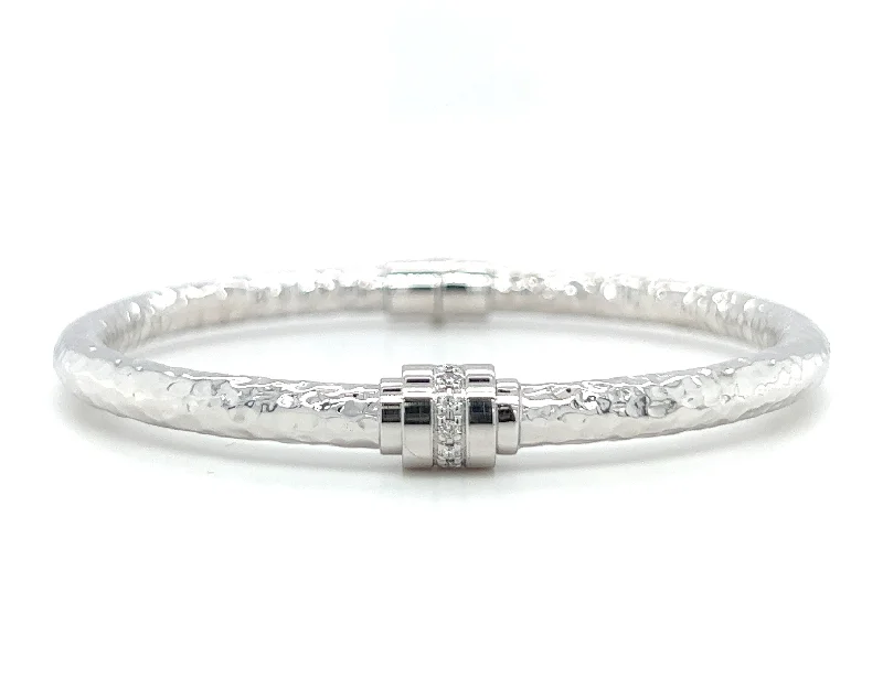 Ladies bracelets textured band designs-Sterling Silver Diamond Hammer Bangle Bracelet by SOHO