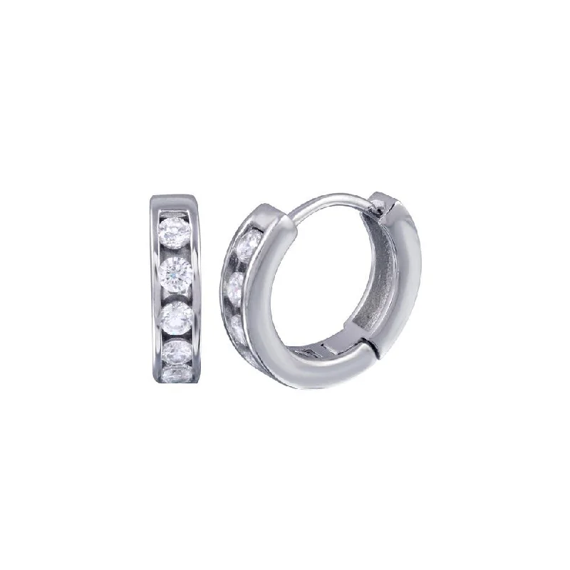 ladies earrings celestial solitaire-Silver 925 Rhodium Plated Channel Clear CZ huggie hoop Earrings - AAE00008-10MM