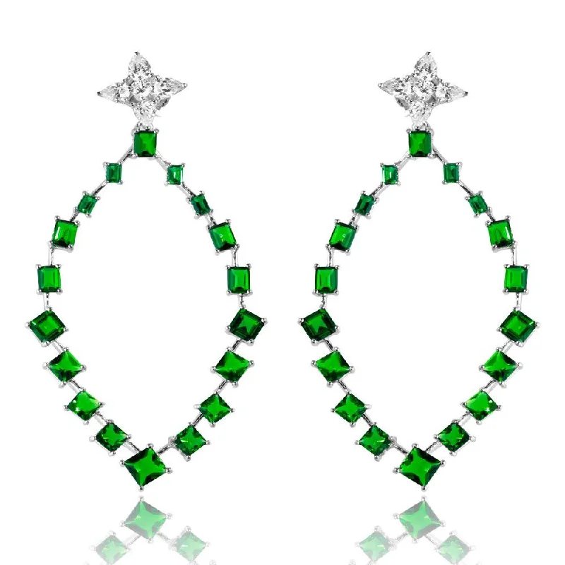 ladies earrings delicate pave-Rhodium Plated 925 Sterling Silver Dangling Teardrop Earrings with CZ - GME00102RH-GREEN