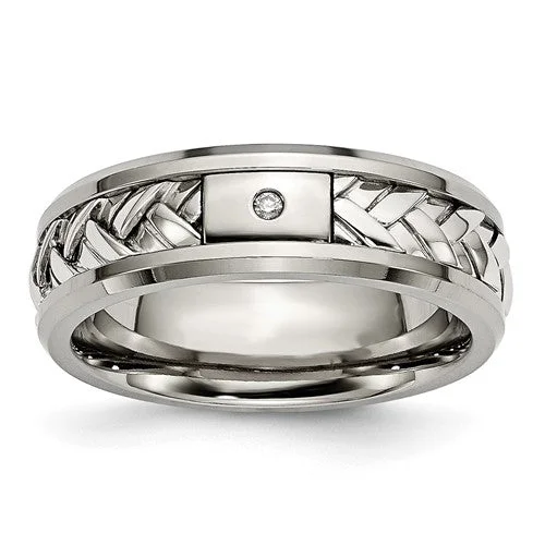 ladies ring engraved center stone-Titanium with Sterling Silver Inlay Diamond 7mm Band