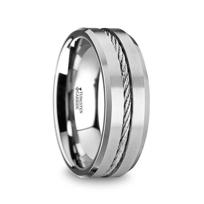 ladies ring intricate princess cut-Thorsten LANNISTER Tungsten Flat Wedding Band with Steel Wire Cable Inlay & Beveled Edges - 8mm