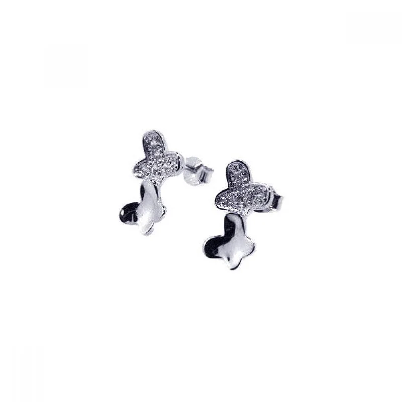 ladies earrings valentine’s bar-Silver 925 Rhodium Plated Two Wavy Flat Butterfly CZ Stud Earrings - STE00281