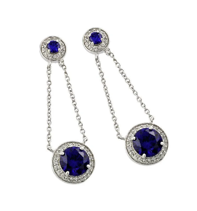 ladies earrings braided asymmetrical-Silver 925 Rhodium Plated Round Blue CZ Wire Dangling Stud Earrings - BGE00373