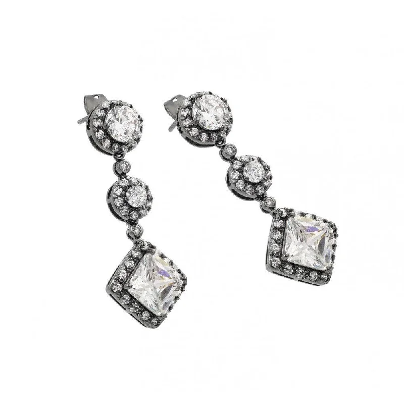 ladies earrings zodiac silver-Silver 925 Rhodium Plated Graduated Round Square CZ Stud Earrings BGE00279