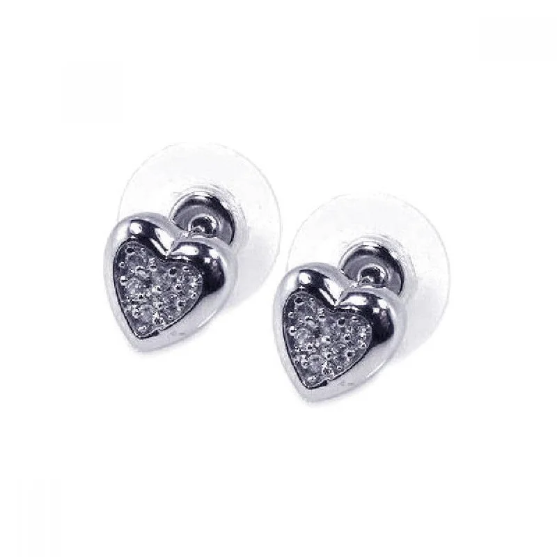 ladies earrings intricate silver-Silver 925 Rhodium Plated Clear Heart Inlay CZ Stud Earrings - BGE00055