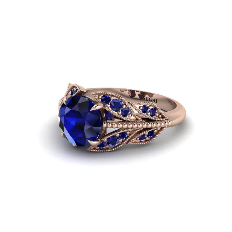 ladies engagement ring engraved side stones-Sapphire Majestic Leaf Gold Engagement Ring - Makenna No. 74