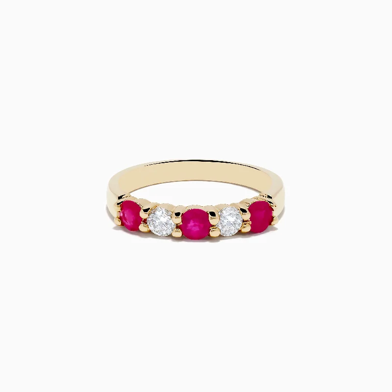 ladies ring designer five stone-14K Yellow Gold Natural Ruby and Diamond Band, 1.08 TCW