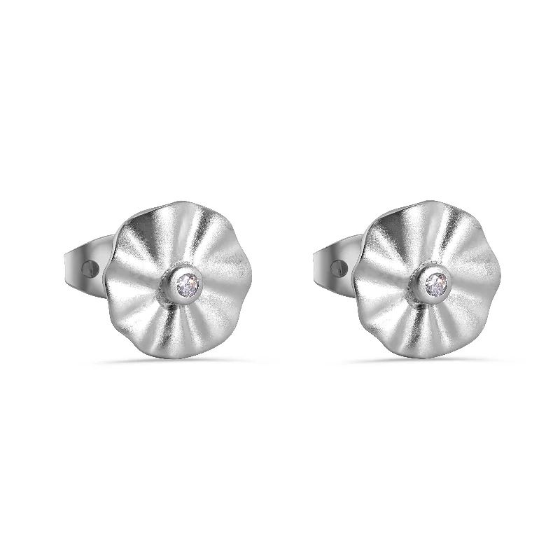 ladies earrings custom diamond-Matte Silver Finish 925 Sterling Silver Wave Disc Center Clear CZ 10mm Stud Earrings - BGE00413