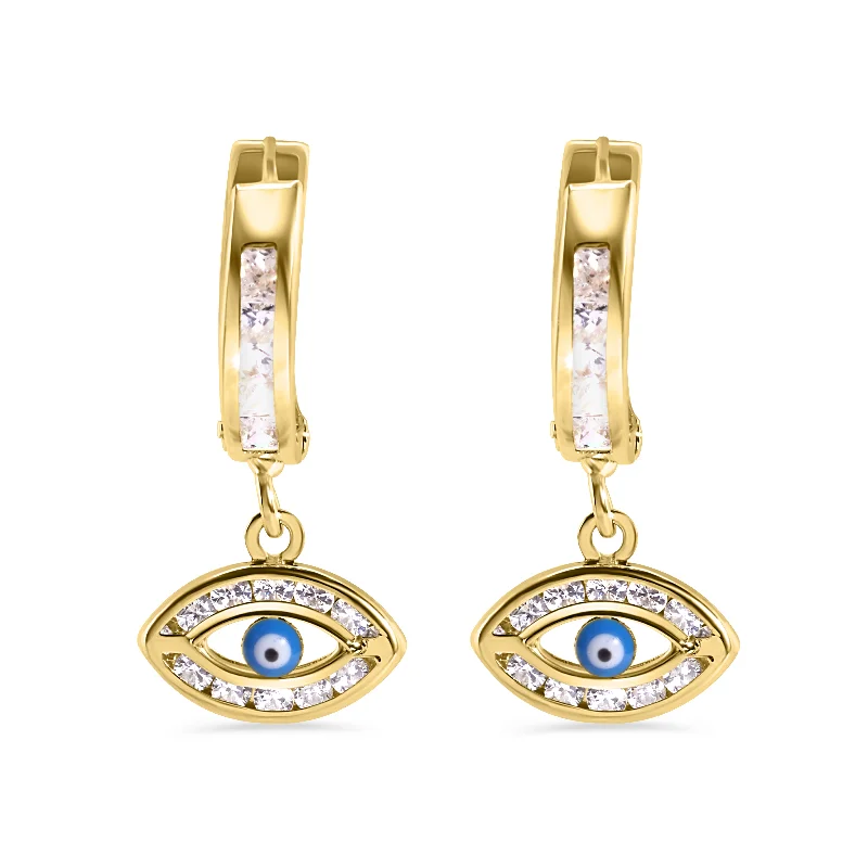 ladies earrings modern oval-14E00457. - 14 Karat Yellow Gold 11.7mm Hoop Studded Clear CZ Evil Eye Latch Box Earrings