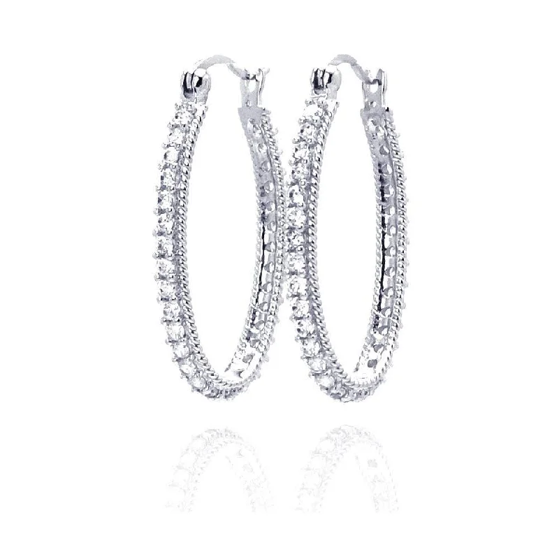 ladies earrings valentine’s bar-Silver 925 Rhodium Plated Round CZ Hoop Earrings - STE00452