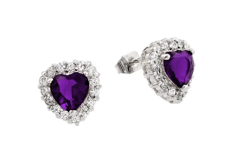 ladies earrings classic garnet-Silver 925 Rhodium Plated Purple Heart CZ Stud Earrings - BGE00367P