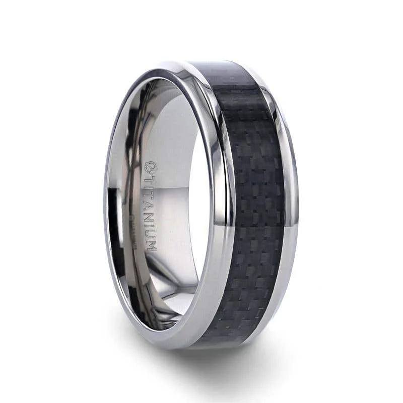 ladies ring sculpted pearl-Thorsten COLOSSEUM Black Carbon Fiber Inlay Titanium Wedding Band - 8mm