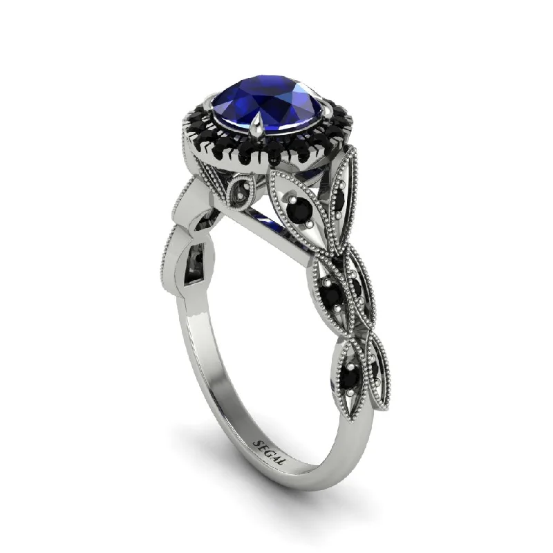 ladies engagement ring matte silver-Sapphire Halo Nature Inspired Leaf Engagement Ring - Alessandra No. 45