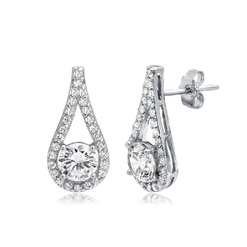 ladies earrings textured climber-Rhodium Plated 925 Sterling Silver CZ Encrusted Open Teardrop Earrings - BGE00496