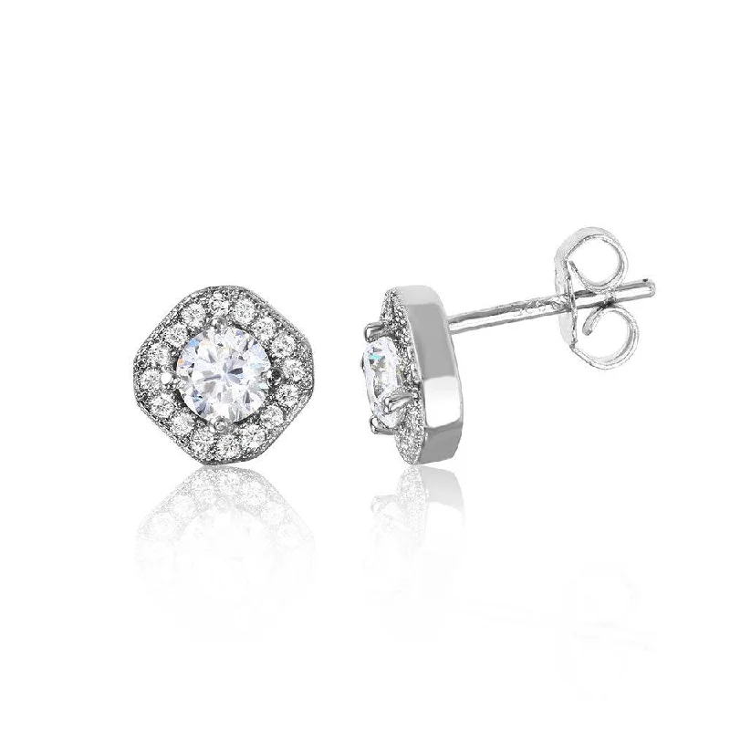 ladies earrings intricate layered-Silver 925 Rhodium Plated Round Halo Earrings - STE01040