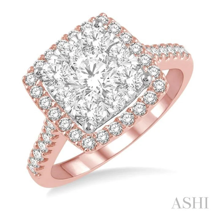 ladies engagement ring tropical one of a kind-1 1/2 Ctw Round Diamond Lovebright Halo Engagement Ring in 14K Rose and White Gold