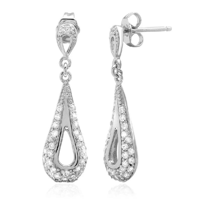 ladies earrings bold red ruby-Rhodium Plated 925 Sterling Silver Dangling Open Teardrop Earrings with CZ - ACE00034