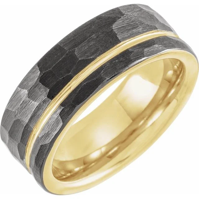 ladies ring trendy red ruby-Black & 18K Yellow Gold PVD Tungsten 8 mm Grooved Band With Hammer Finish