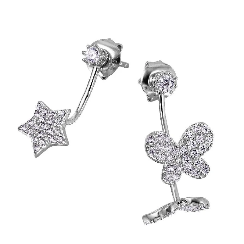 ladies earrings luxury square-Silver 925 Rhodium Plated Hanging CZ Star and Butterfly Earrings - GME00038RH