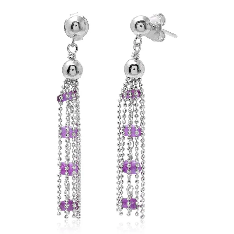 ladies earrings affordable crescent-Rhodium Plated 925 Sterling Silver Dropped Bead Chain and Purple Bead Earrings - DIE00004RH-AM